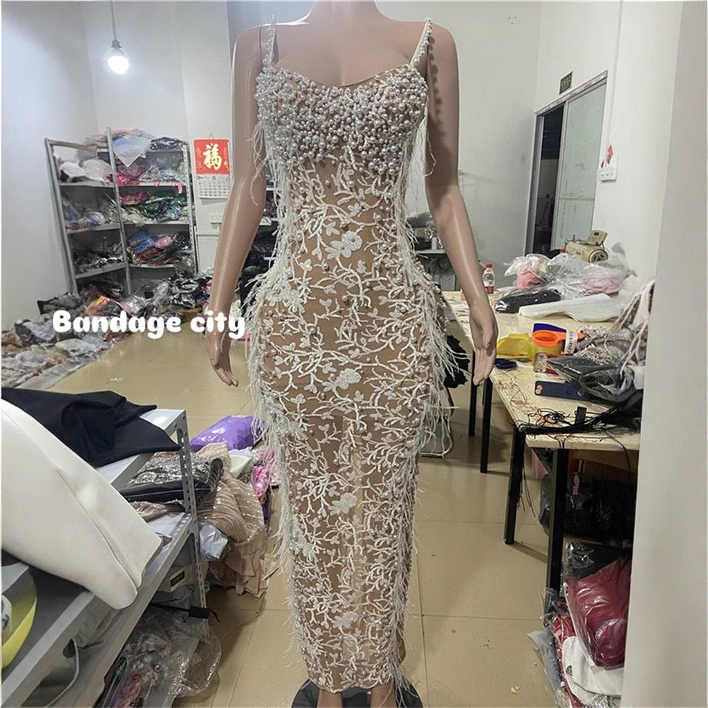 V - Neck Feather Trim Sleeveless Bandage Dress for Date Birthday Party - Bandage city