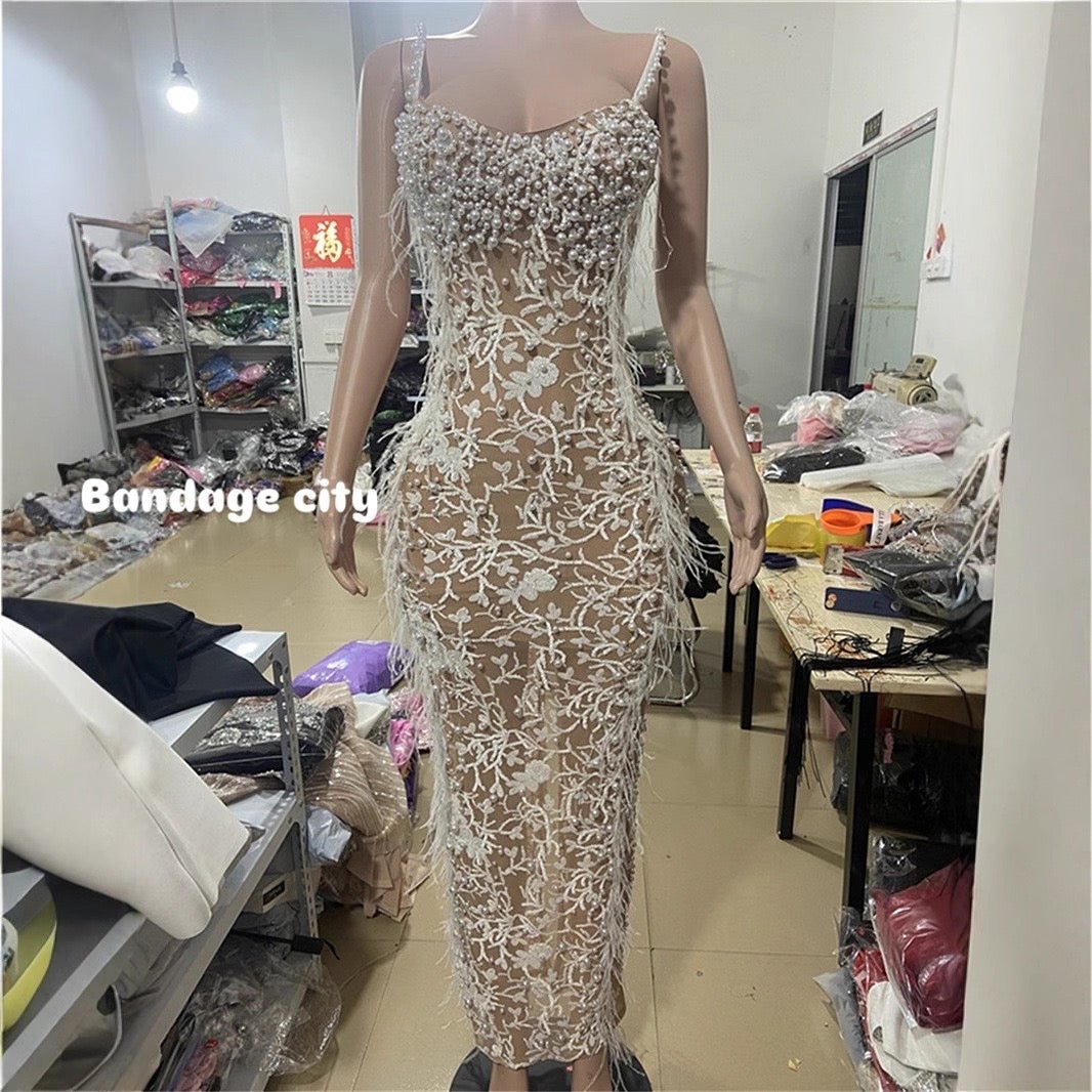 V - Neck Feather Trim Sleeveless Bandage Dress for Date Birthday Party - Bandage city