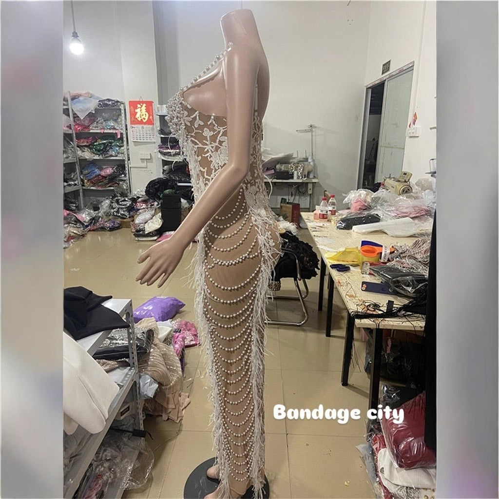 V - Neck Feather Trim Sleeveless Bandage Dress for Date Birthday Party - Bandage city