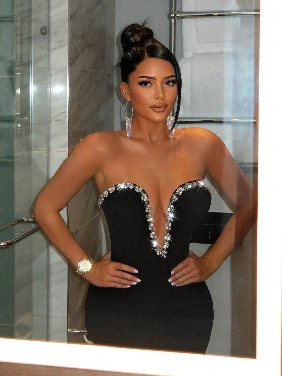 V - Neck Sleeveless Crystal Backless Full Length Party Dresses - Bandage city